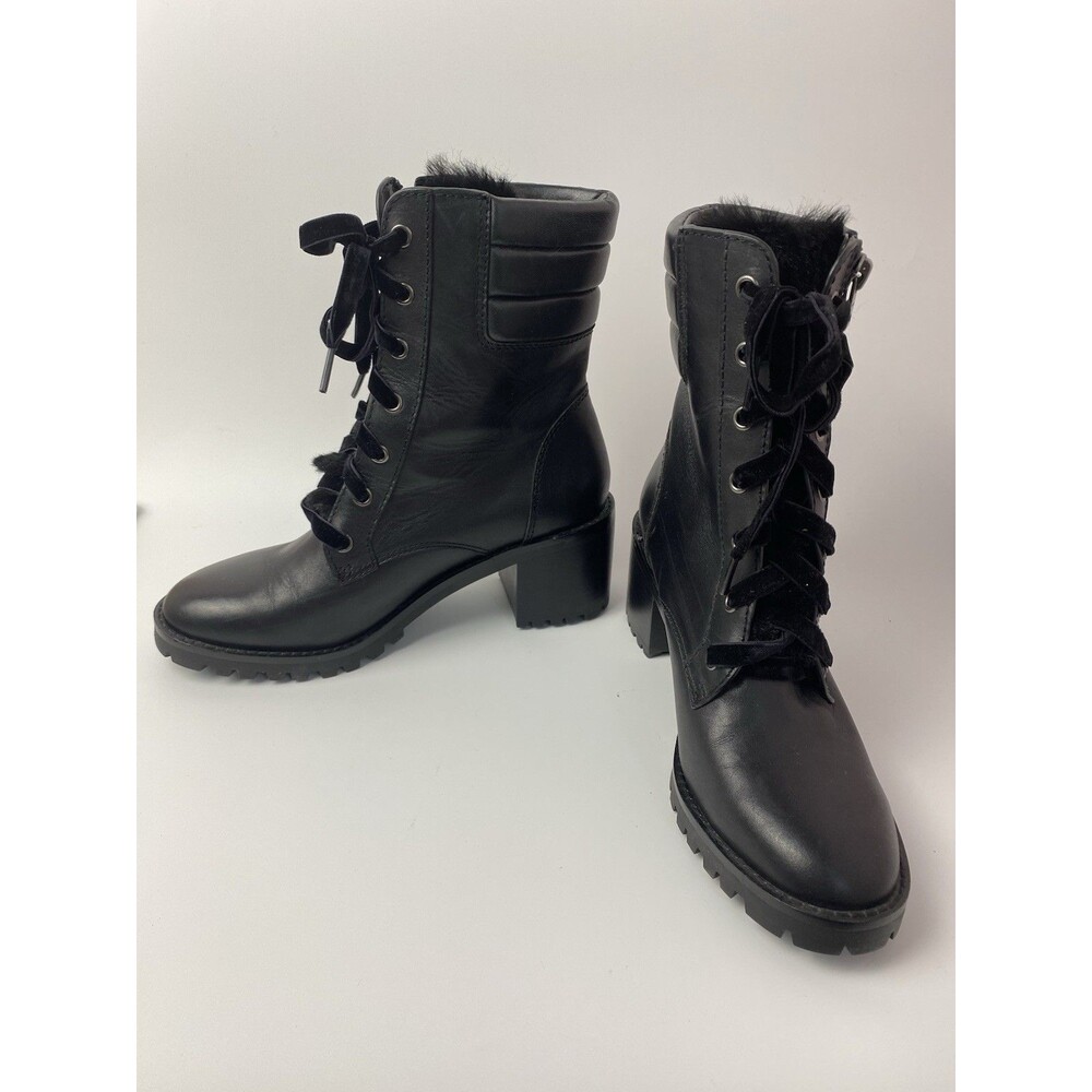 Coach Jenna Black Leather Boots Fur, Velvet Laces, Block Heel, Logo US 7.5 B